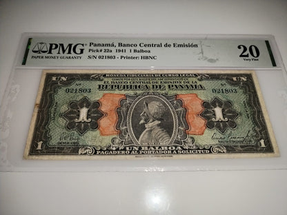 Billete original de 1 Balboa 1941 Arnulfo Arias Madrid  Certificación PMG 20