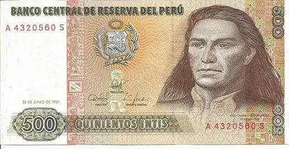 BANCO CENTRAL DE RESERVA DEL PERU 500 QUINIENTOS INTIS